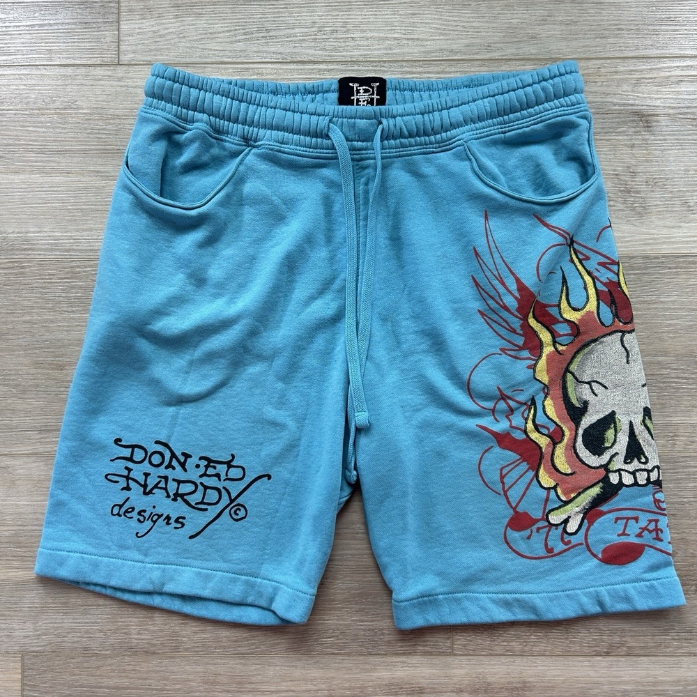 Ed Hardy Sweat 8" Shorts Mens Small Blue Cotton Drawstring Elastic Waistband